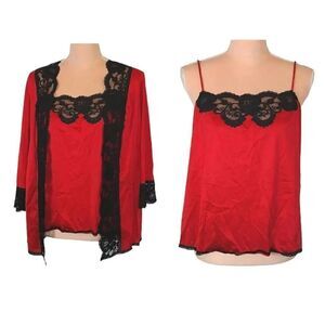 VTG 70s Red Black Lace 2 Piece Top and Jacket Neglige Lingerie Set Medium